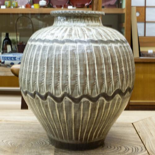 小鹿田焼 黒木昌伸 窯 丸 花瓶 壺 34cm 刷毛目 白 : うつわの店