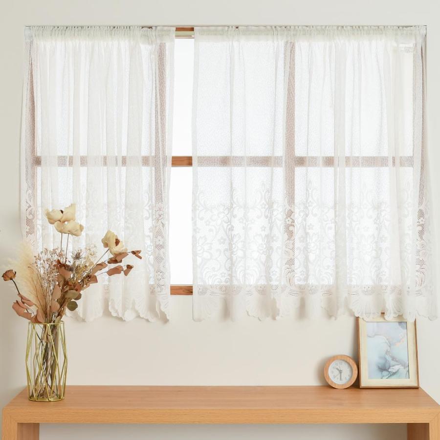 出窓カーテン レース 2枚組 花柄 フラワー柄 幅150cm 両開き 丈110cm