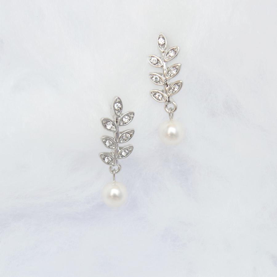 イヤリング シルバーカラー リーフ クリスタルパール ガラス 30代 40代