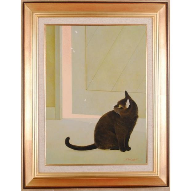 猫 絵画 黒猫 油絵 油彩画 高橋伸子 「予感・1」 額付き : アート