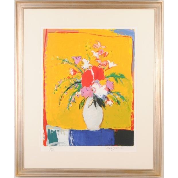 花 絵画 リトグラフ 版画 吉岡耕二 「黄色い背景のブーケ」 額付き