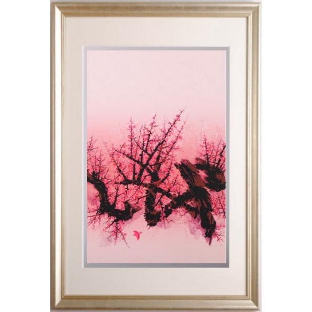 梅 絵画 木 鳥 和風 絵 シルクスクリーン 版画 池上壮豊 「紅梅」 額