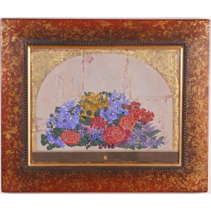 花 絵画 薔薇 油絵 油彩画 静物画 中西賢二 「花の窓」 額付き