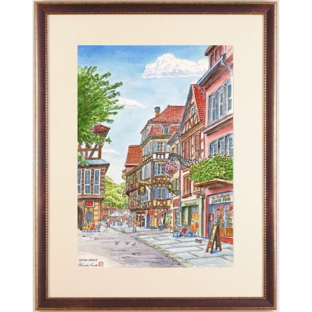 フランス 風景画 絵画 水彩画 内藤謙一 「コルマール」 額付き