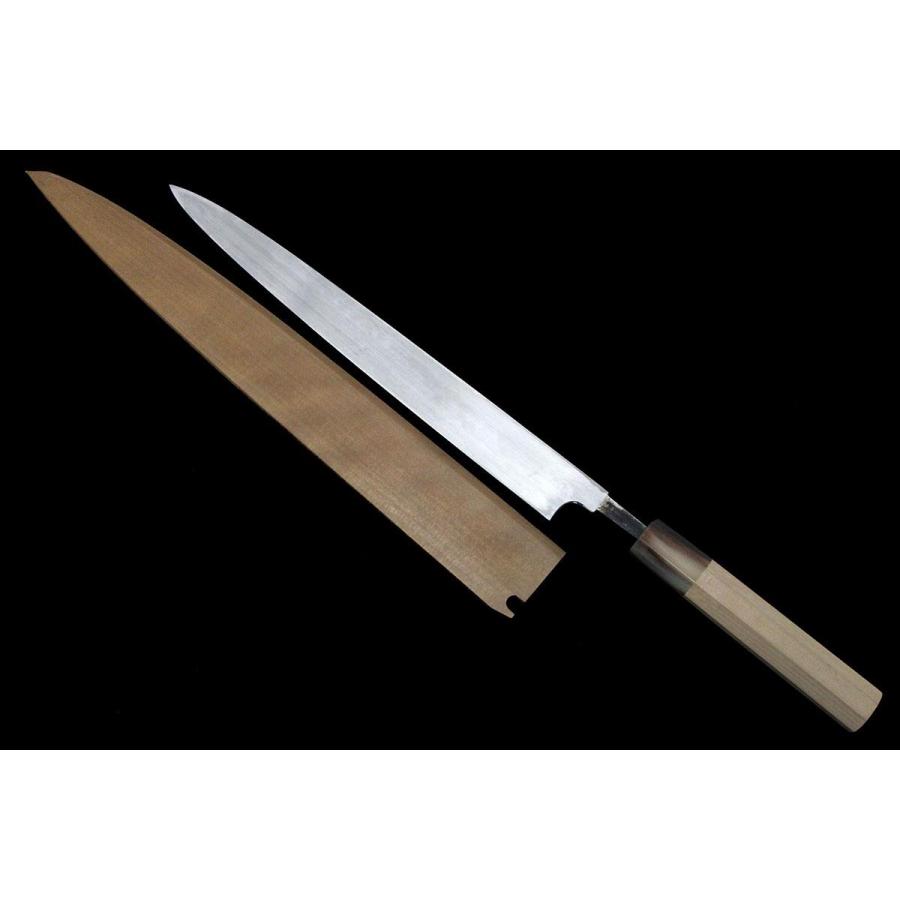 美品｜粟田口一竿子忠綱 銘刻印無し 柳刃包丁 水焼 尺 鏡面 朴柄 白鞘