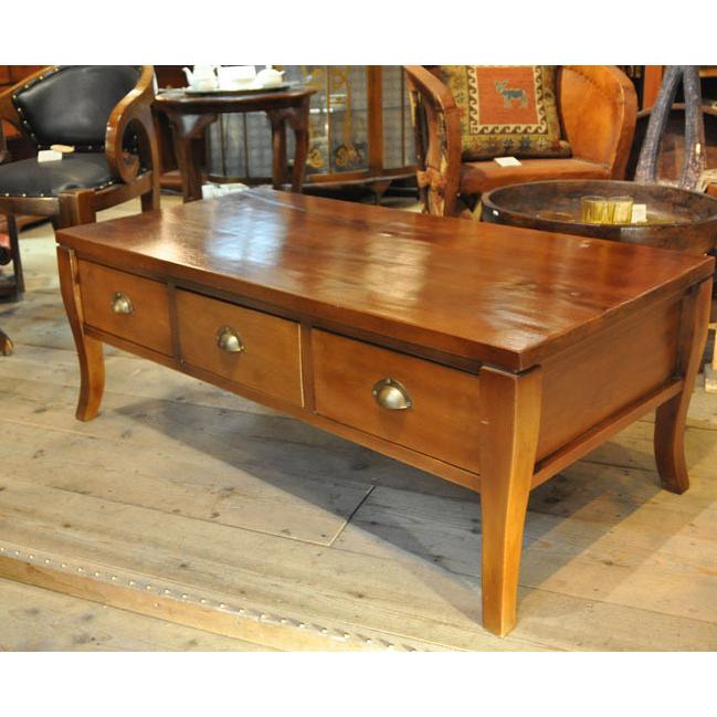 ローテーブル 引出し付 コーヒーテーブル 天然木 茶 チーク無垢材 古材