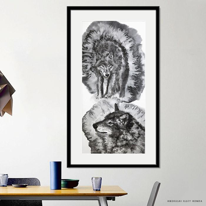 水墨画「気」狼 絵画 額入り 壁掛け 105cmx60cm 縦長 モダン 白黒