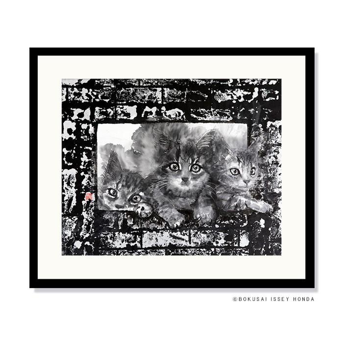 水墨画 猫「枠シリーズ1」インテリア 水墨 85cm×72cm 額入り 縦長