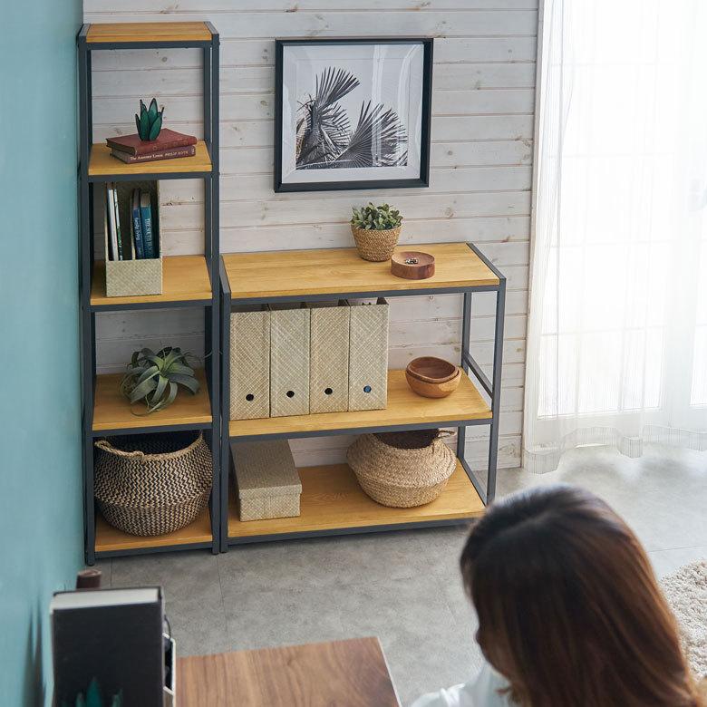 オープン ラック スリム 幅38cm 5段 無垢 木製 ウッド アイアン Hus