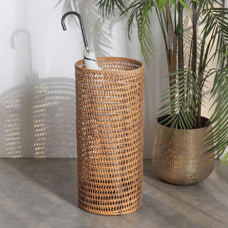 傘 立て ラタン 筒形 受け皿付き 長傘 収納 置き スタンド スリム