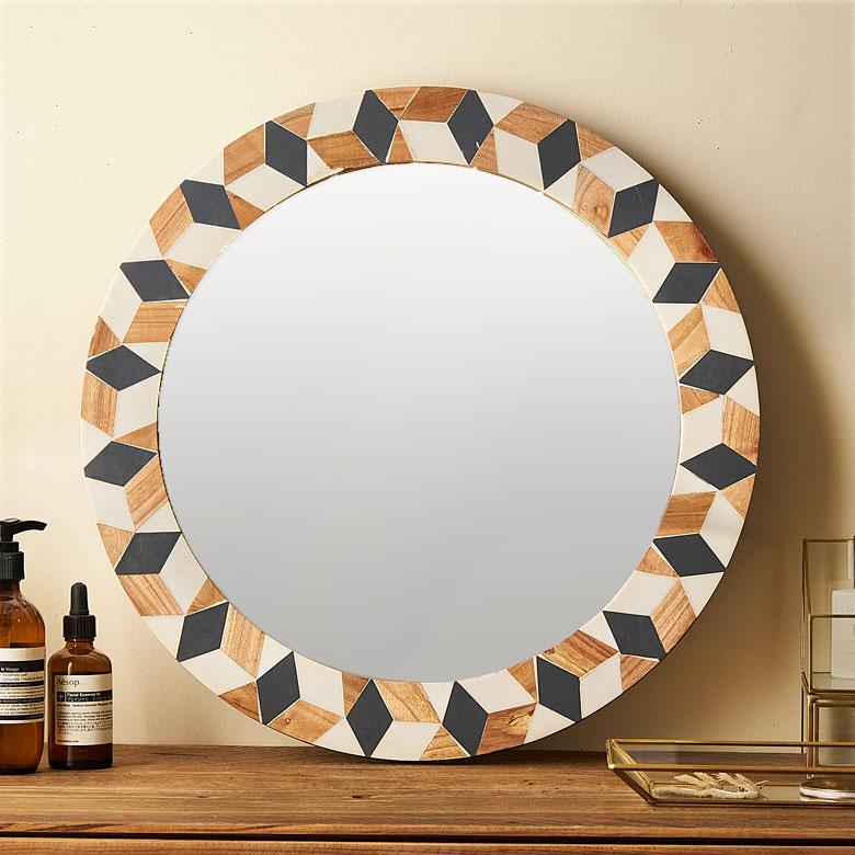 鏡 壁掛け鏡 円形 丸型 ジオメトリック柄 かがみ ウォールミラー 化粧