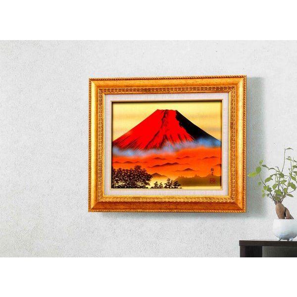 手描き油絵 絵画 葛谷聖山（梅月）日本画額F6金 「赤富士 壁掛け 壁