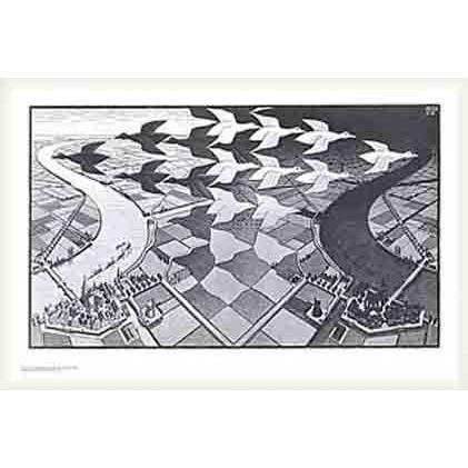 昼と夜（MC エッシャー） 額装品 ウッドベーシックフレーム : az