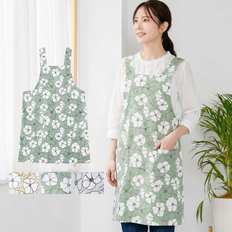 花柄H型エプロン エプロン ゆったり 綿 コットン シンプル ロング