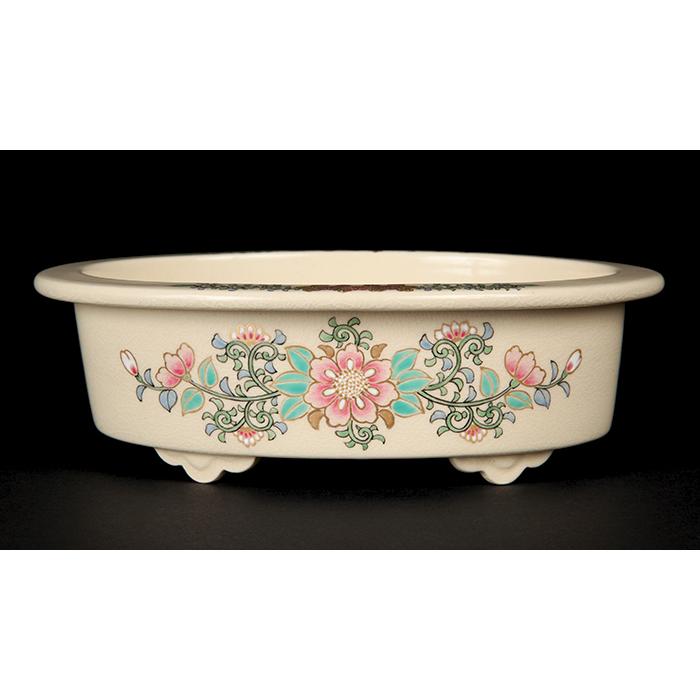 沈壽官窯色絵草花文楕円鉢 盆栽鉢 鉢 植木鉢 盆器 絵付鉢 薩摩 さつま