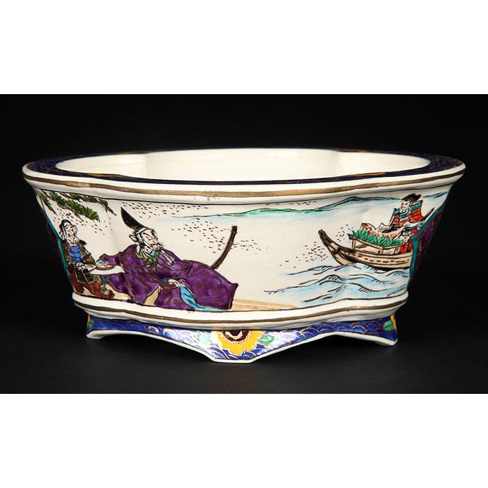 盆栽鉢 柳戸川浩山武士図木瓜式鉢 絵付鉢 手描き 5号 14cm 小品盆栽