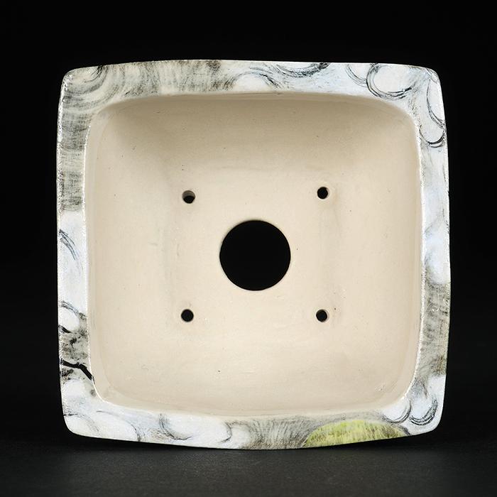 盆栽鉢 「春雪墨絵龍図正方鉢」 植木鉢 絵付 シュンセツ 磁器 3号 8cm