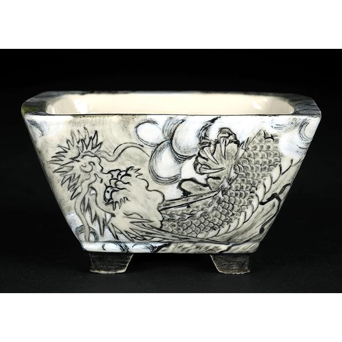 盆栽鉢 「春雪墨絵龍図正方鉢」 植木鉢 絵付 シュンセツ 磁器 3号 8cm