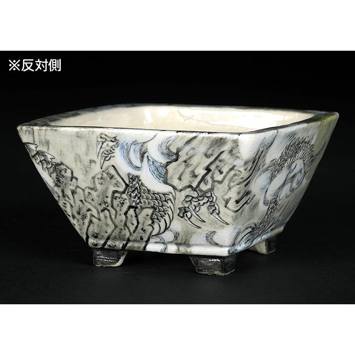 盆栽鉢 「春雪墨絵龍図正方鉢」 植木鉢 絵付 シュンセツ 磁器 3号 8cm