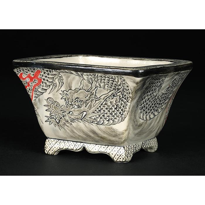 盆栽鉢 「春雪墨絵龍図長方鉢」 植木鉢 絵付 シュンセツ 磁器 4号 12cm