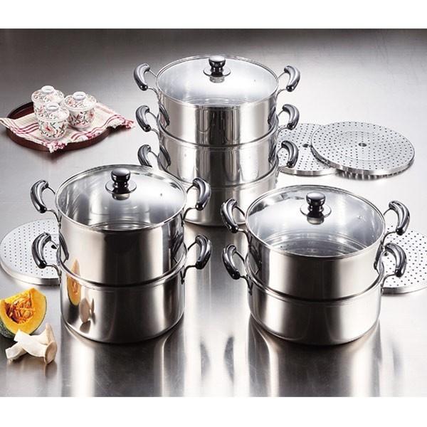 パール金属 蒸し器 30cm 3段 ステンレス製 目皿付 IH対応 ガラス蓋付