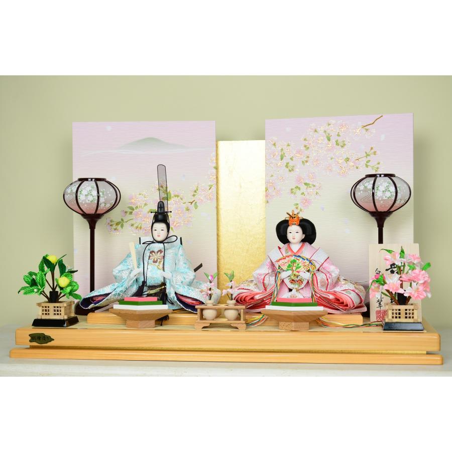 平安道翠 雛人形 刺繍秀芥子親王 変則三曲屏風 遠山桜 30cm 平台 桧