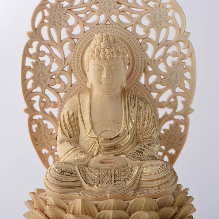 仏像 仏壇用 高級 柘植 つげ材 八角台座 2号座像 金泥仕上 ns sr 座