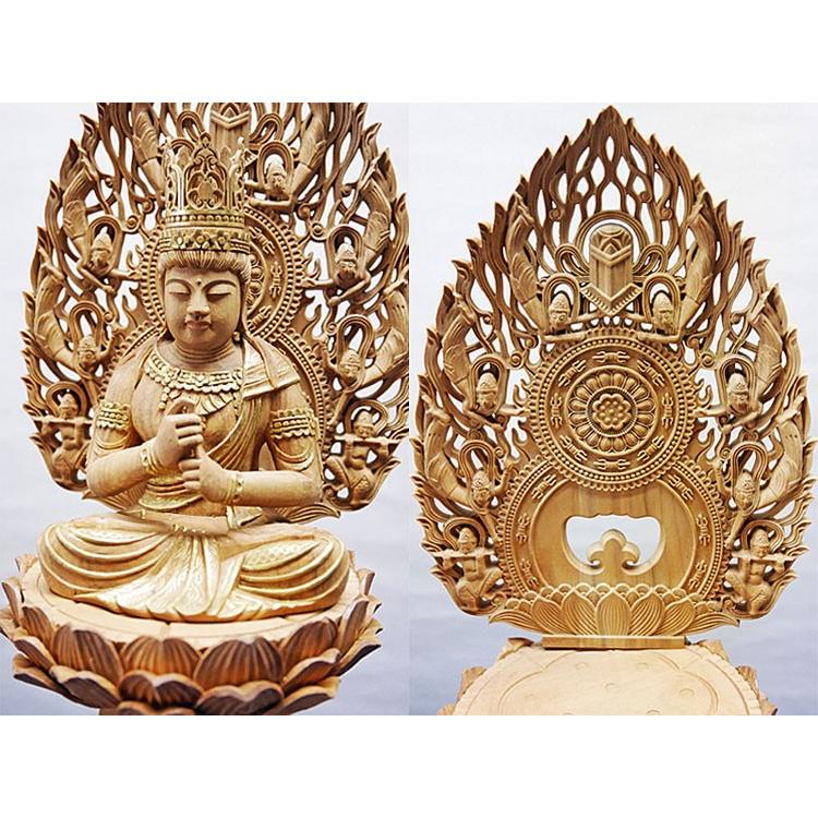 仏像 白檀 大日如来 真言宗 六角台座 飛天光背 金泥書 2.5寸 木彫 仏具