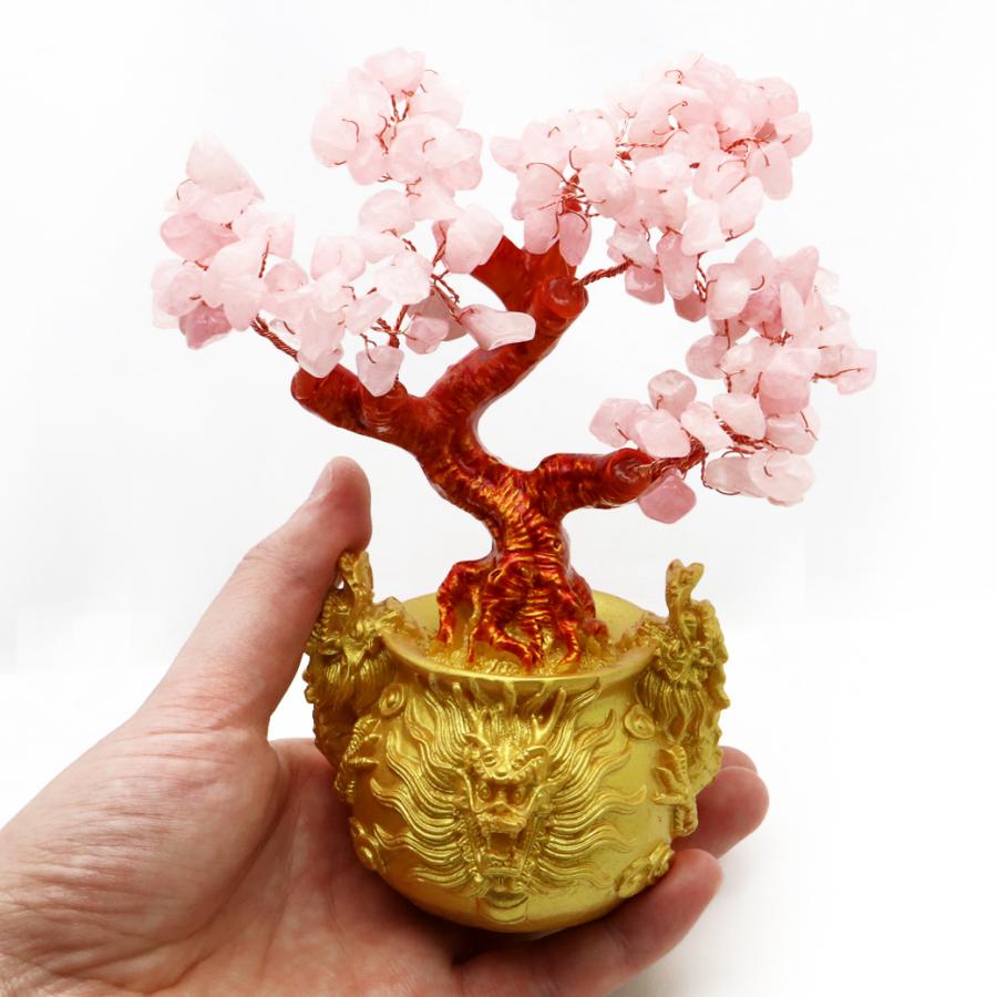 GOLD STONE 招財樹 壺型 ローズクォーツ 紅水晶 龍 風水 置き物