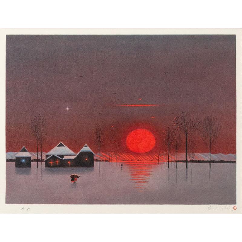 斎藤真一 「 紅い陽の村 」 リトグラフ 版画 版画 洋画 人物 風景 瞽女