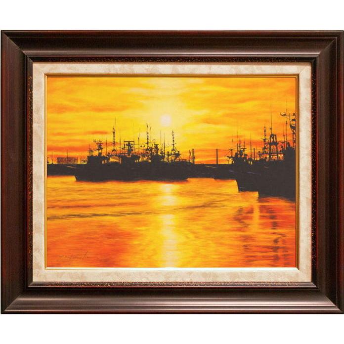 港の風景 油彩画フレーム付 港の風景 油彩画 ダークブラウンフレーム