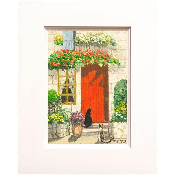 伊東拓実 「 赤い扉と二匹の猫 」(2) 油絵 ・ 油彩画 SM ( サムホール