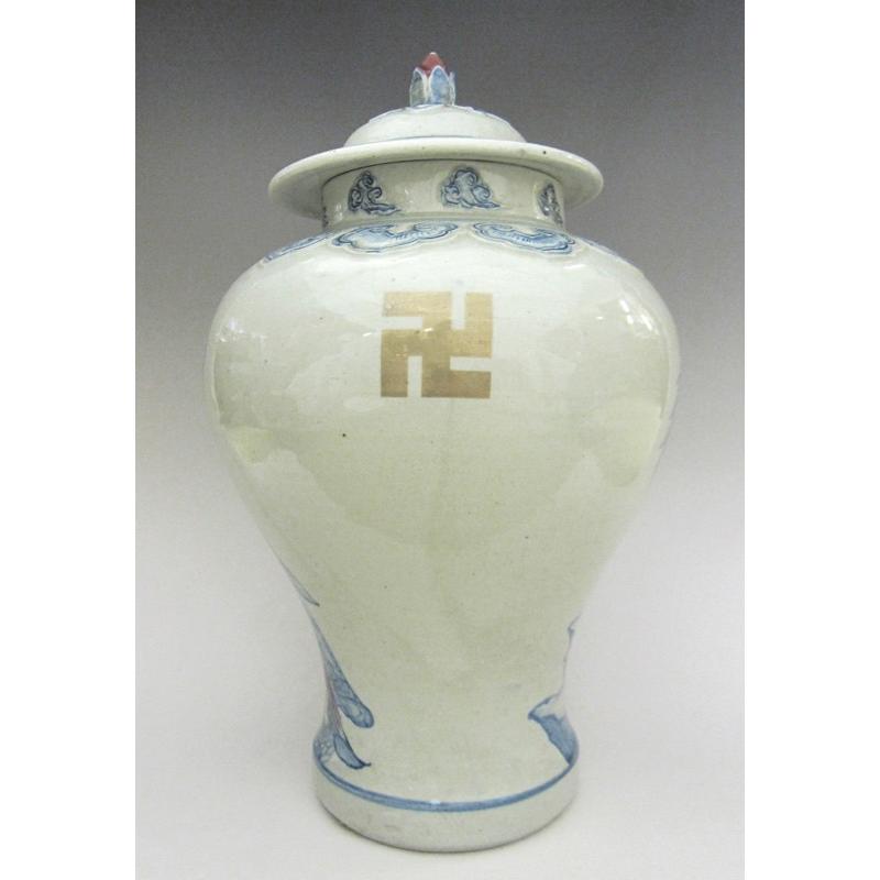 李朝 青花仏文蓋付壺 全高36cm 韓国 朝鮮 陶磁器 希少 地蔵 卍 美品