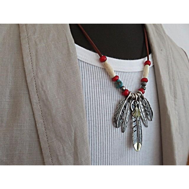 フェザー ネックレス ターコイズ ビーズ シルバー 色 インディアン