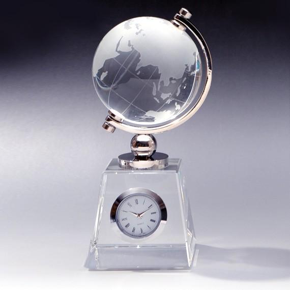クリスタル地球儀 シルバー時計 メッセージ彫刻 記念品 新築 退職 還暦