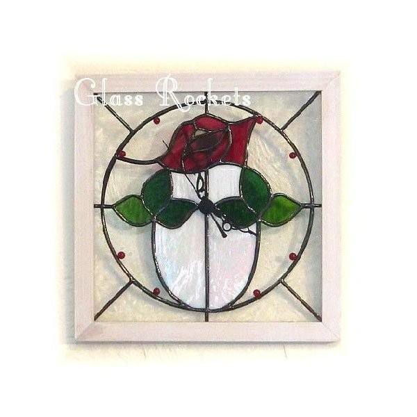 アンティーク ステンドグラス 時計 薔薇 置き、壁掛け兼用 : ステンド