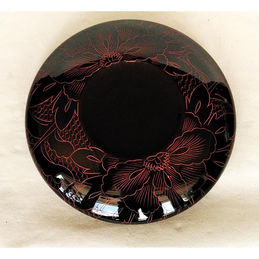 菓子鉢 黒 8.0 鉄鉢 牡丹彫 木製 漆塗り（会津漆器） 会津塗り 菓子器