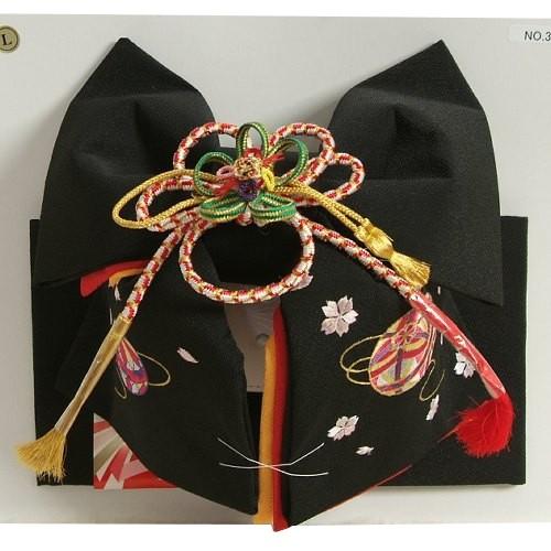 京美 七五三着物用祝い帯 7歳用 黒無地 まり刺繍柄 ちりめん生地 重ね