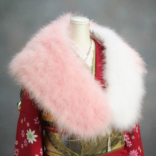 京美 ファーショール 振袖 ドレス 羽毛ストール 片面 ピンク×ホワイト