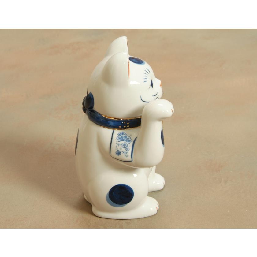 瀬戸焼 招き猫 瀬戸物 染付 陶磁器 福招き 高さ約25.5cm 金襴座布団