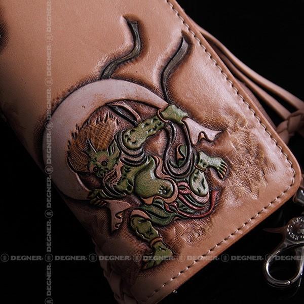 花山 バイク 長財布 彫刻 和柄 本革 風神雷神 タン : デグナーヤフー
