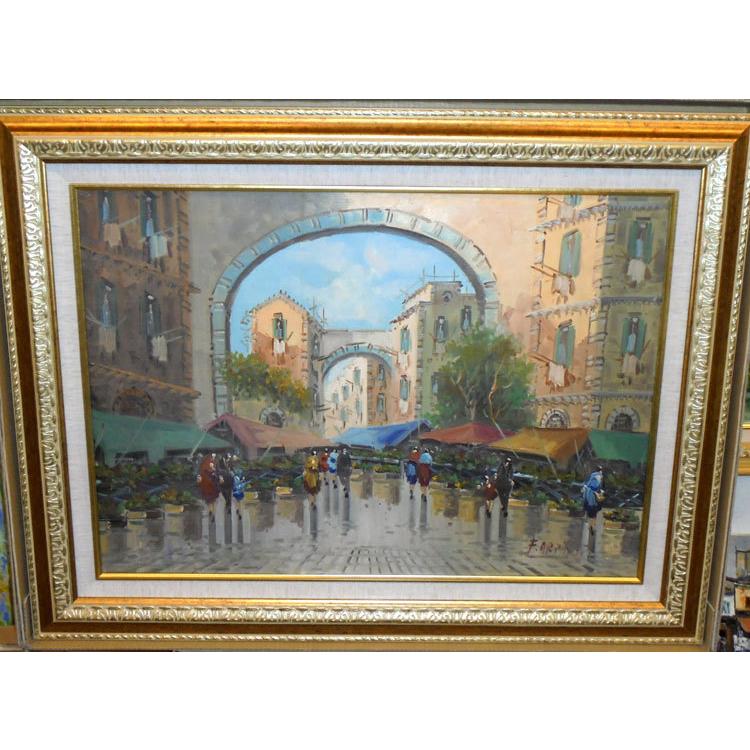 自然風景油絵 絵画 フランコ（イタリア）「ナポリの市場」リビング