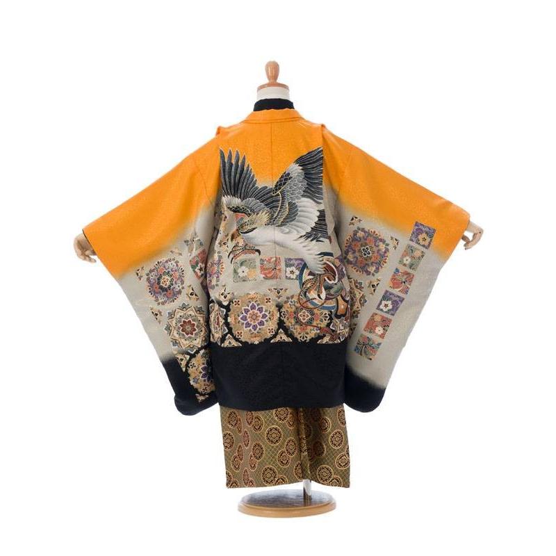 5歳 着物 鷹柄の七五三着物レンタルフルセット（オレンジ系 ）｜男の子