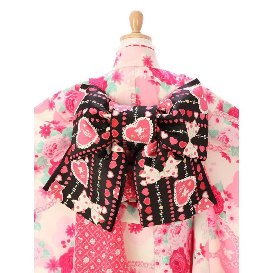 着物 7歳 ピンク薔薇 ハート柄の七五三着物レンタルフルセット（ピンク