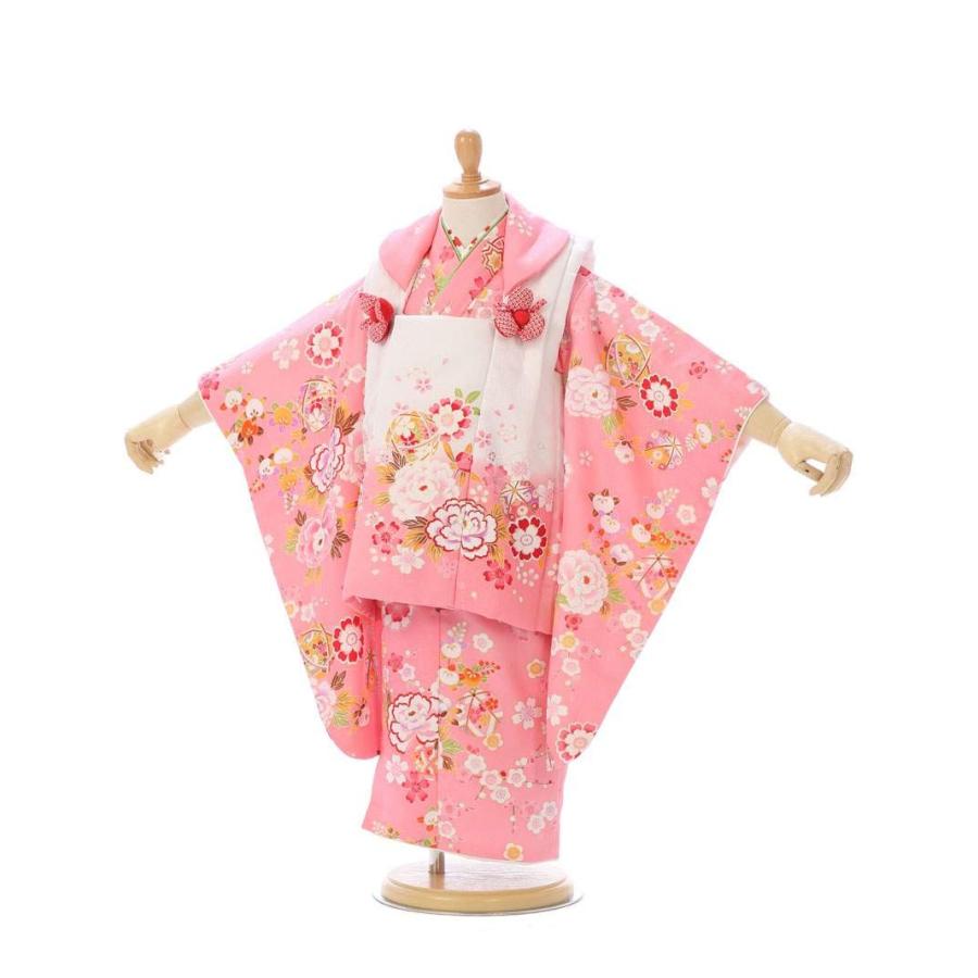 被布 四季花柄の七五三着物3歳 女の子(被布)フルセット（ピンク系