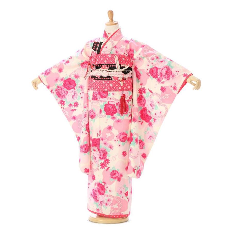 着物 7歳 ピンク薔薇 ハート柄の七五三着物レンタルフルセット（ピンク