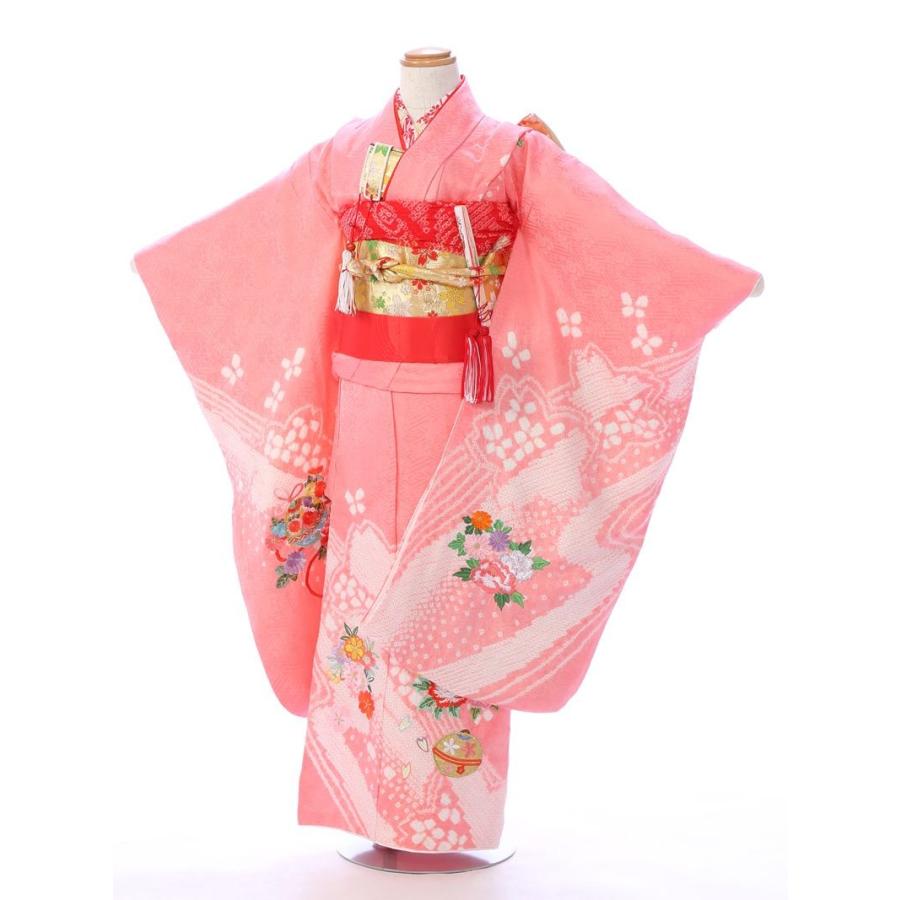 e-7-125 サーモンピンク地 正絹 鹿の子 絞り 7歳 女の子 七五三 着物