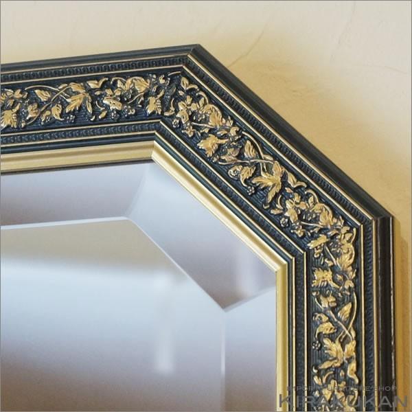 イタリア製 姿見ミラー 鏡 壁掛け 全身 八角ミラー ブルー＆ゴールド