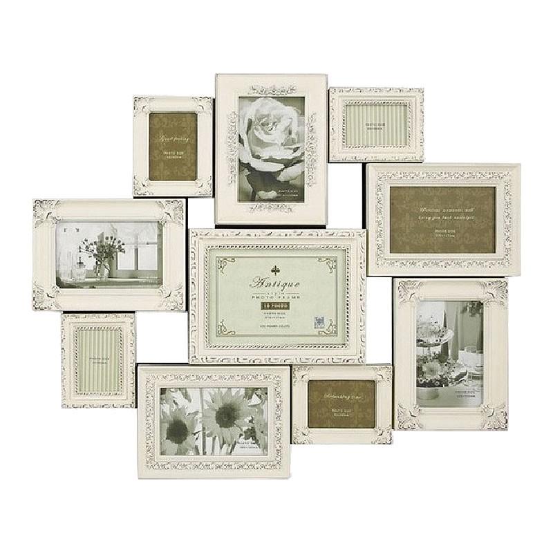 フォトフレーム 写真立て ファミリー10窓 壁掛け アンティークバニラ