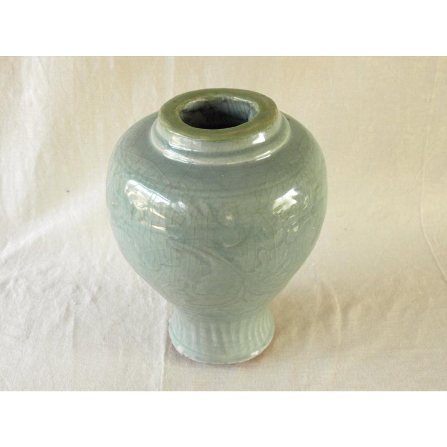 貴重 元時代 竜泉窯青磁纒枝牡丹紋瓶28.5cm 残欠刻花瓶 梅瓶 中国古玩